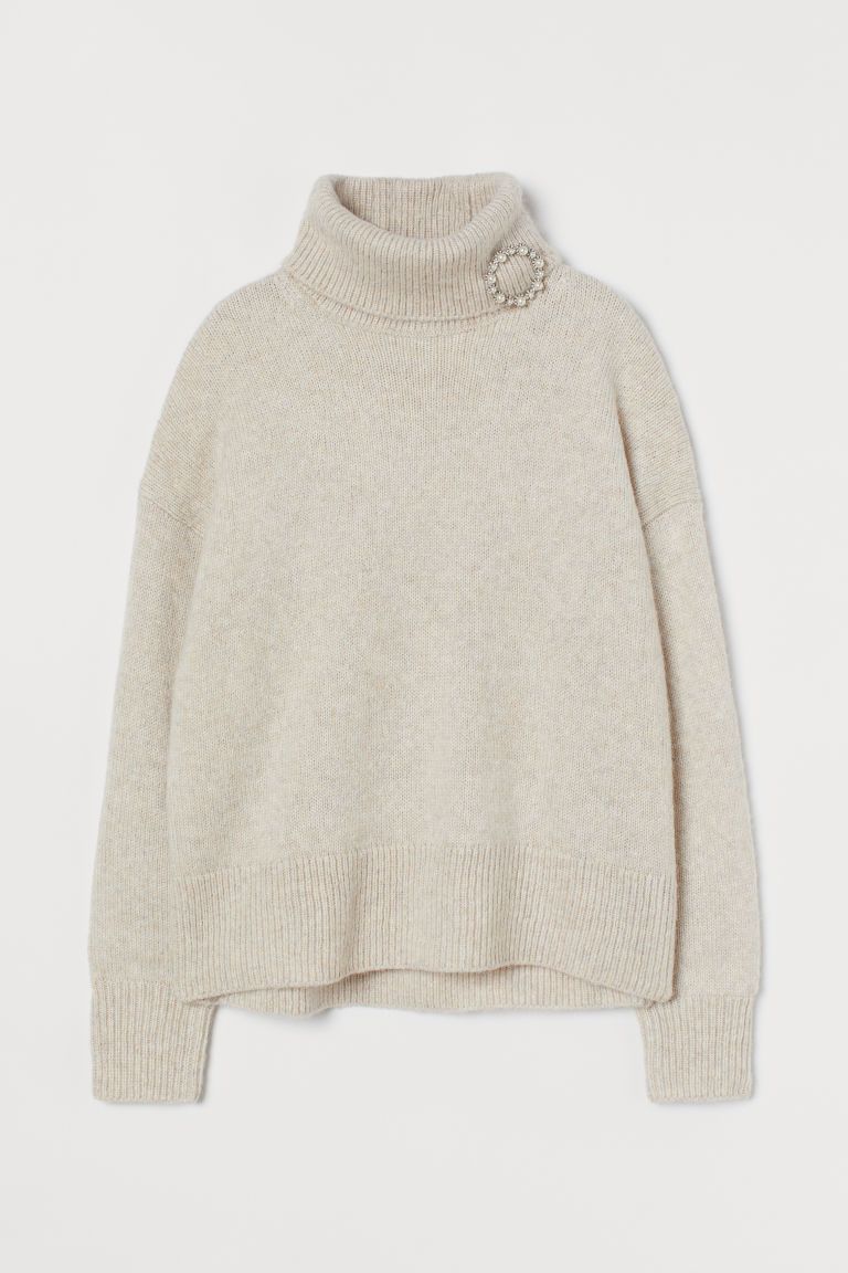 H & M - Turtleneck Sweater with Brooch - Brown | H&M (US)