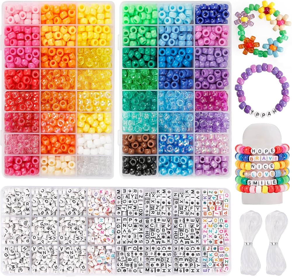 Quefe 3960pcs Pony Beads for Friendship Bracelet Making Kit 48 Colors Kandi Beads Set, 2400pcs Pl... | Amazon (US)