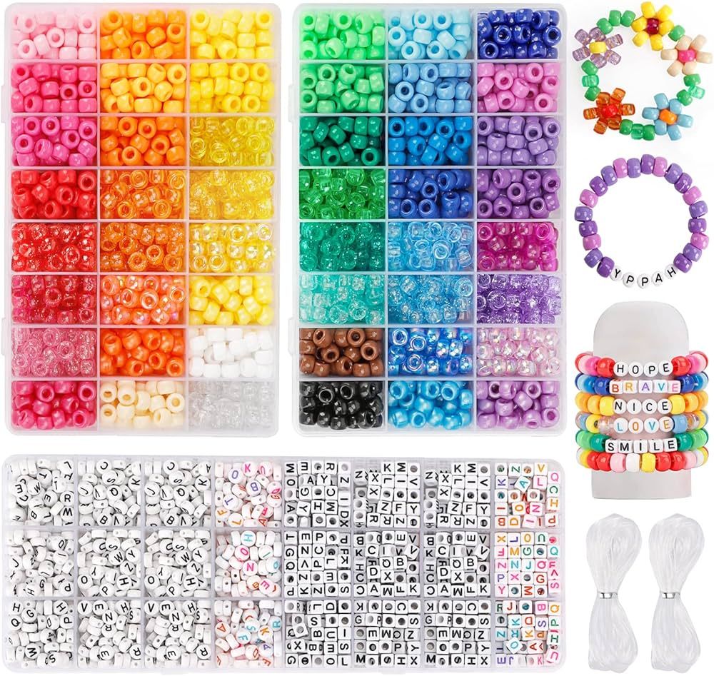 Quefe 3960pcs Pony Beads for Bracelet Making Kit 48 Colors Kandi Beads Set, 2400pcs Plastic Rainb... | Amazon (US)