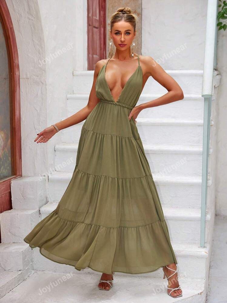 Joyfunear Crisscross Backless Knot Ruffle Hem Cami Dress | SHEIN