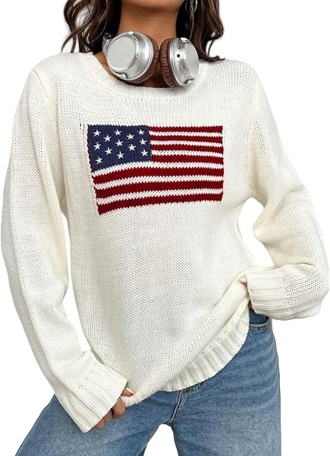 Women American Flag Sweater 4th of July Long Sleeve Crewneck Star Sweatshirt Vintage Hollow Out K... | Amazon (US)