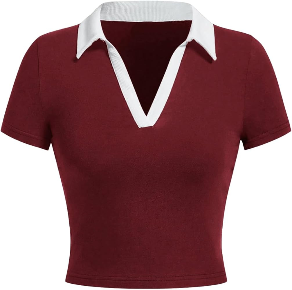 COZYEASE Women's Color Clock Preppy Collared Neck Crop Tops Preppy Style V Neck Slim Fit Crop Tee... | Amazon (US)