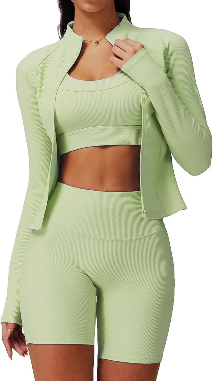 Women’s 3 Piece Workout Set – Sports Bra with Removable Pads, High Waist Biker Shorts & Zip U... | Amazon (US)