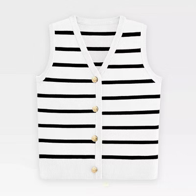 Vest Tops for Women Striped Sweater Vest 2025 Spring V Neck Front Button Striped Lightweight Sweater Woven Vest,White - S | Target