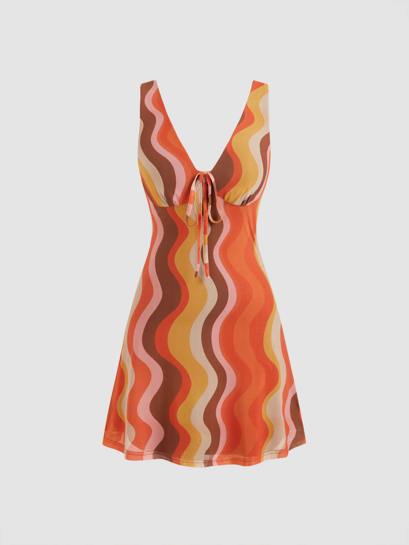 Mesh Mesh V-neck Abstract Wave Knotted Mini Dress For Vacation | Cider