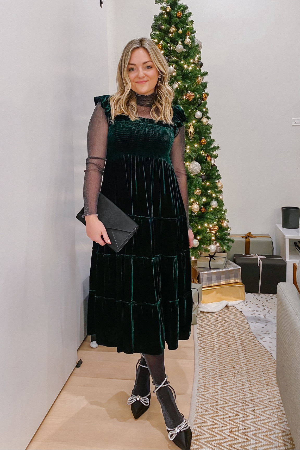 Hill House Velvet Nap Dress.
Platform Crystal Bow Pumps - Amazon Find.
Sheer Mesh Turtleneck - old from Free People, linked similar.
Shimmery Tights - old from Commando, linked similar.
Flap Envelope Clutch - old from Old Navy, linked similar.
Loren Hope Earrings - linked similar. 

Christmas outfit. Holiday outfits. Holiday party. Holiday dress.

#LTKstyletip #LTKSeasonal #LTKHoliday