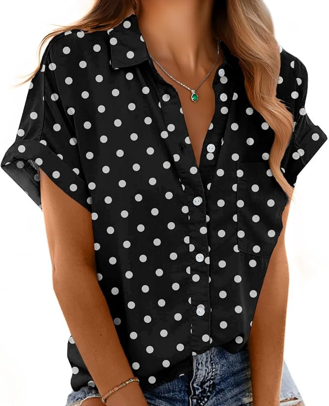 Button Down Short Sleeve Shirts for Women V Neck Loose Roll Up Collared Shirt Casual Summer Tops ... | Amazon (US)