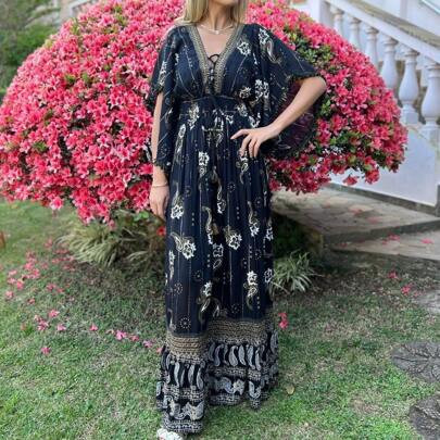 VESTIDO LONGO BOHO CHIQUE MANGA SOLTA LINDO ELEGANTE | SHEIN