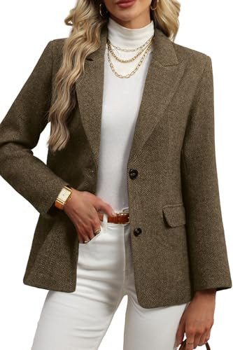 ELLEVEN Wool Blend Tweed Blazers for Women Boyfriend Herringbone Fall Winter Blazers Dressy Business Casual Double Button Long Sleeve Suit Oversize Harris Tweed Suit Jacket Brown Large | Amazon (US)