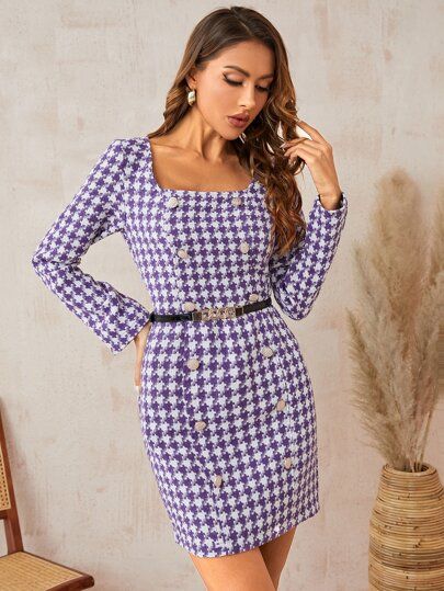 Houndstooth Fake Button Belted Tweed Bodycon Dress | SHEIN