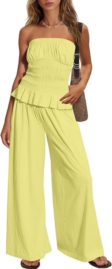 Panadila Women Pants Sets 2 Piece Outfits Matching Lounge Sets Smocked Tops and Wide Leg Pants Tr... | Amazon (US)