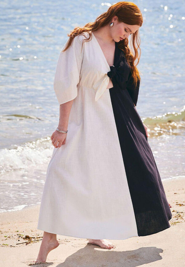 Two-Tone Linen Dress With Tie Front | Eloquii