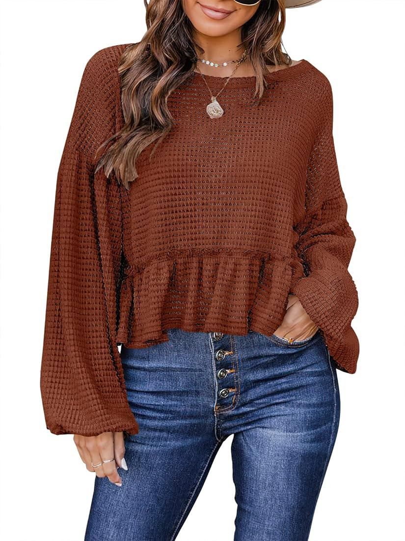 ANRABESS Women’s Long Sleeve Crewneck Ruffle Hem Peplum Babydoll Crop Top Waffle Knit Casual Pu... | Amazon (US)