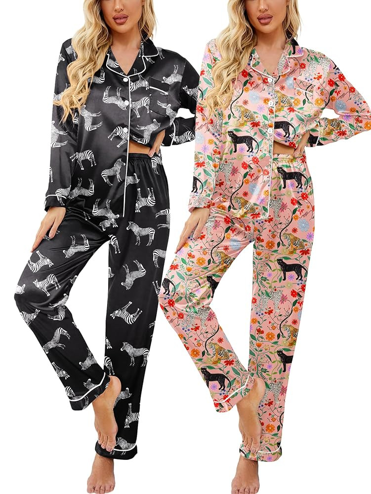 Ekouaer 2 Pack Satin Pajamas Set for Women Classic Button Down Silk Pjs Set Soft Sleepwear | Amazon (US)