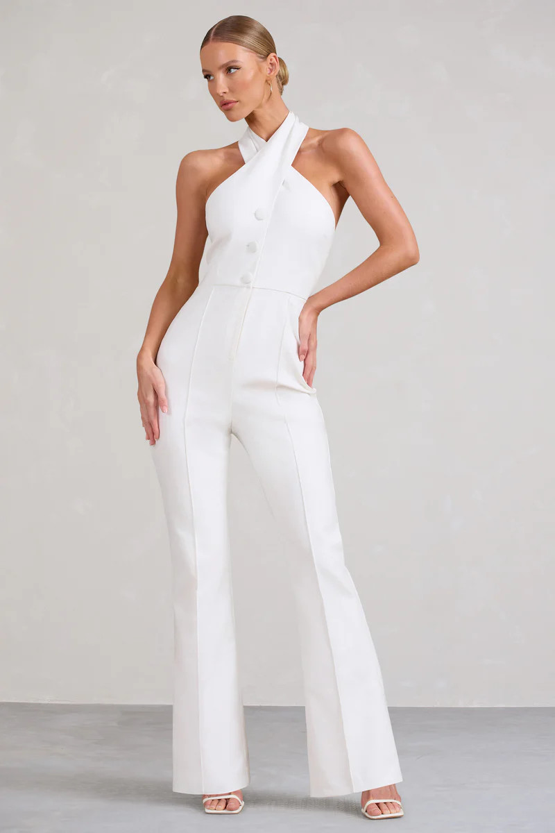 Don't Cross Me | White Halter Neck Tailored Buttoned Sleeveless Jumpsuit | Club L London