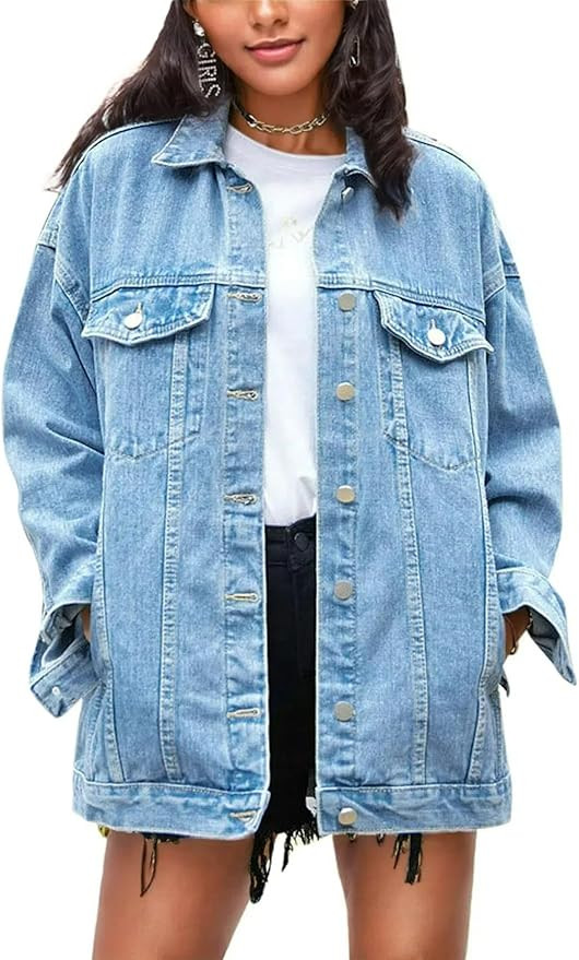 Omoone Women's Oversized Mid Long Denim Jacket Jean Biker Coat | Amazon (US)