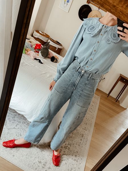 Denim on denim. Shirt is old Sezane x Sea NY. Size down in the jeans, wearing a 24. Flats run TTS. 