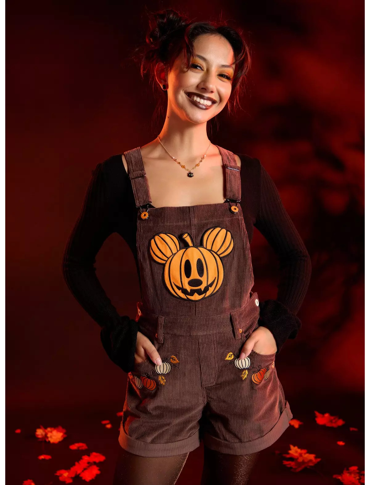 Her Universe Disney Halloween Pumpkin Mickey Mouse Shortalls | Hot Topic | Hot Topic
