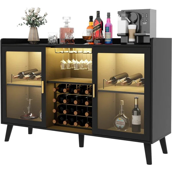 Ermo Wine Bar Cabinet with Led Light, Home Coffee Cabinet with Wine and Glass Rack | Wayfair North America