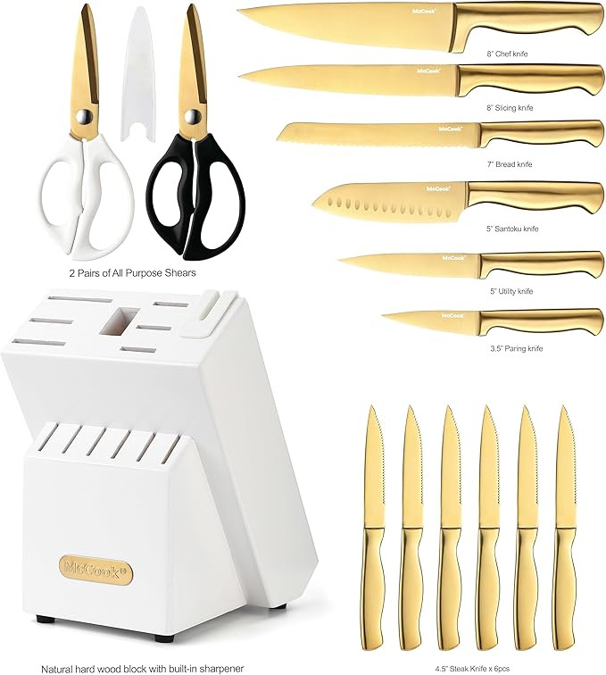 McCook® Knife Sets, Golden Titanium Stainless Steel Kitchen Knife Block Sets with Built-in Sharp... | Amazon (US)