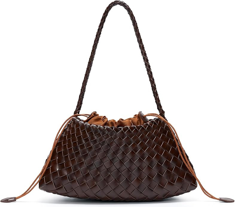 Small Woven Purse for Women, Vegan Leather Shoulder Bag, Slouchy Tote Bag with Inner Drawstring P... | Amazon (US)