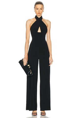 Norma Kamali Cross Halter Straight Leg Jumpsuit in Black | FWRD 