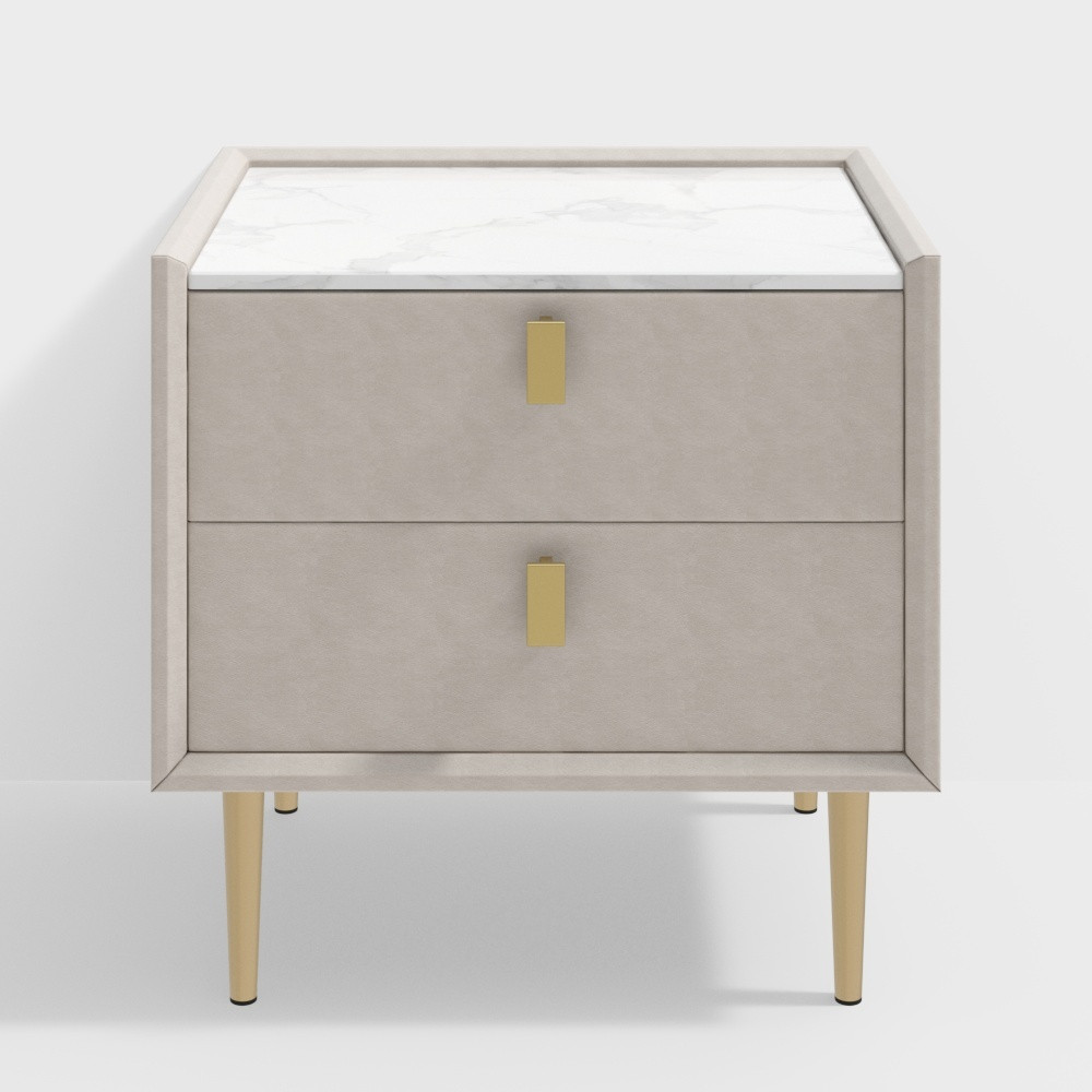 Modern 2 Drawers PU Leather Bedside Table Nightstand with Gold Metal Legs-Homary | Homary