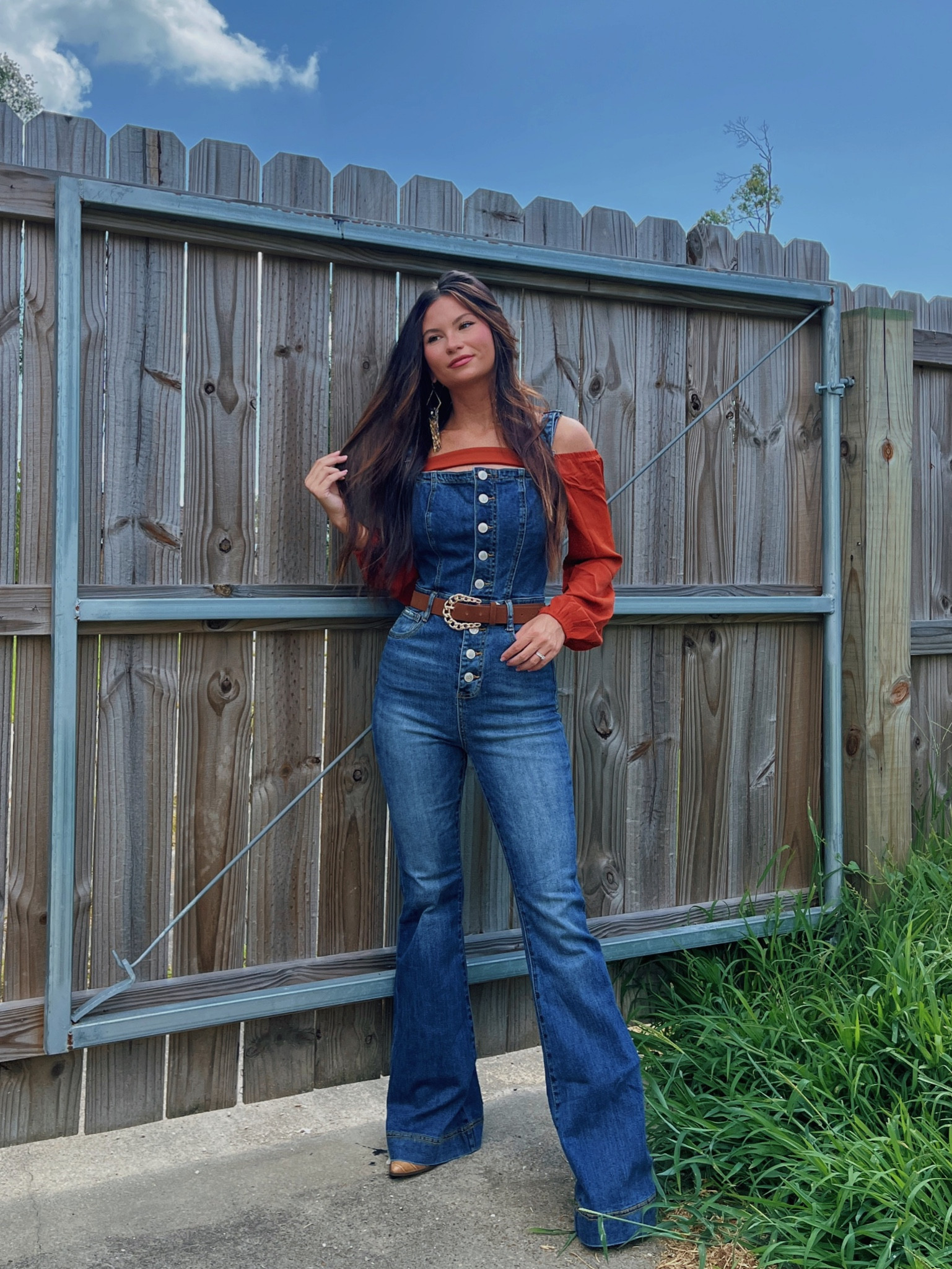 Button up denim overalls paired with belt & off shoulder burnt orange top! Perfect fall fit LORI20

#LTKunder100 #LTKstyletip #LTKSeasonal