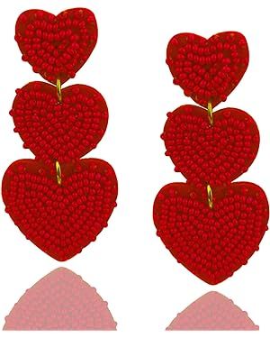 Boho Beaded Earrings Statement Statement Heart Shaped Earrings Handwoven Drop Earrings for Valent... | Amazon (US)