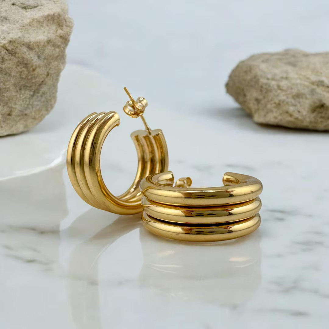 Vintage 14K Yellow Gold Triple Hoop Earrings - Minimalist Solid Gold Jewelry | Etsy (US)