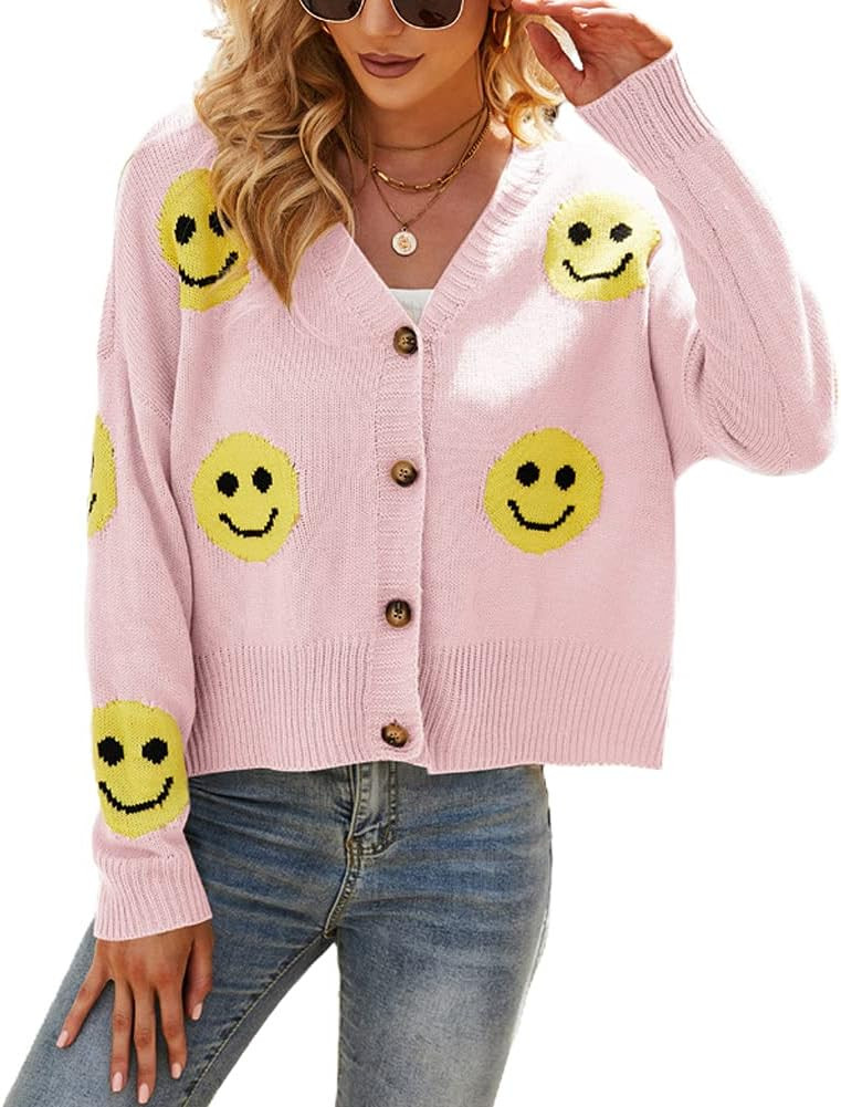 chouyatou Women's Loose-Fit Smile Face Jacquard Knitted Cardigan Sweater Jacket | Amazon (US)