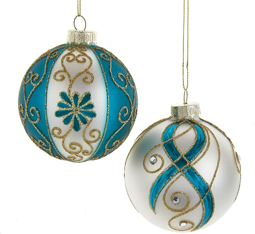 Kurt S. Adler Gold, Dark Teal and White Embellished Ball, 6 Piece Ornament Set, 80MM | Amazon (US)