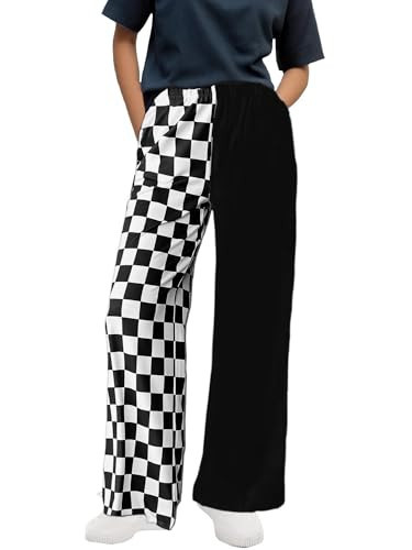 WSPLYSPJY Women's Casual Checkered Pants Elastic Waist Comfy Loose Wide Leg Pants with Pockets,XS - XXL Colorblock-Black White Checked M | Amazon (US)