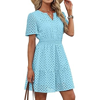 RUMIA Womens Dresses 2026 Summer V Neck Eyelet Lace A Line Short Dress | Amazon (US)