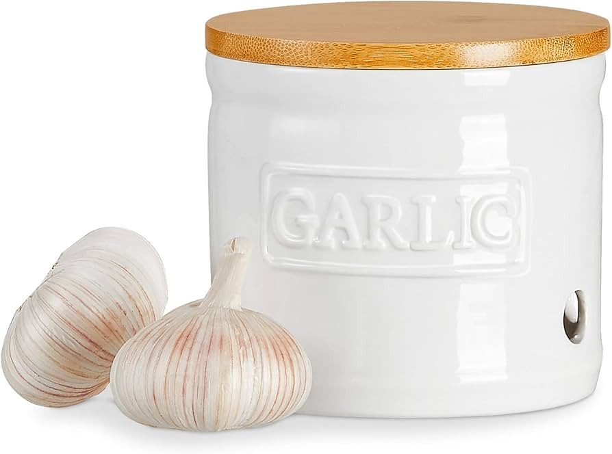 ONEMORE Garlic Keeper with Lid, Ceramic Garlic Saver 4 inch, White | Amazon (US)