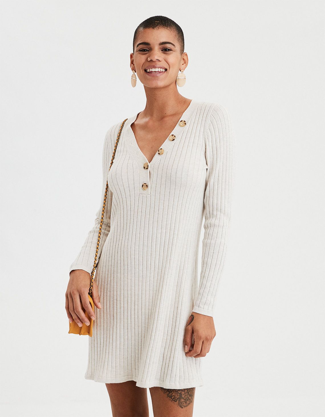 AE Ribbed Henley Sweater Dress, Oatmeal | American Eagle Outfitters (US & CA)