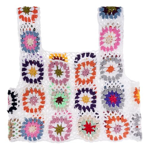 Floral Crochet Tank Tops for Women Summer Boho Square Neck Sleeveless Crochet Crop Top Hollow Out Short Beachwear White | Amazon (US)