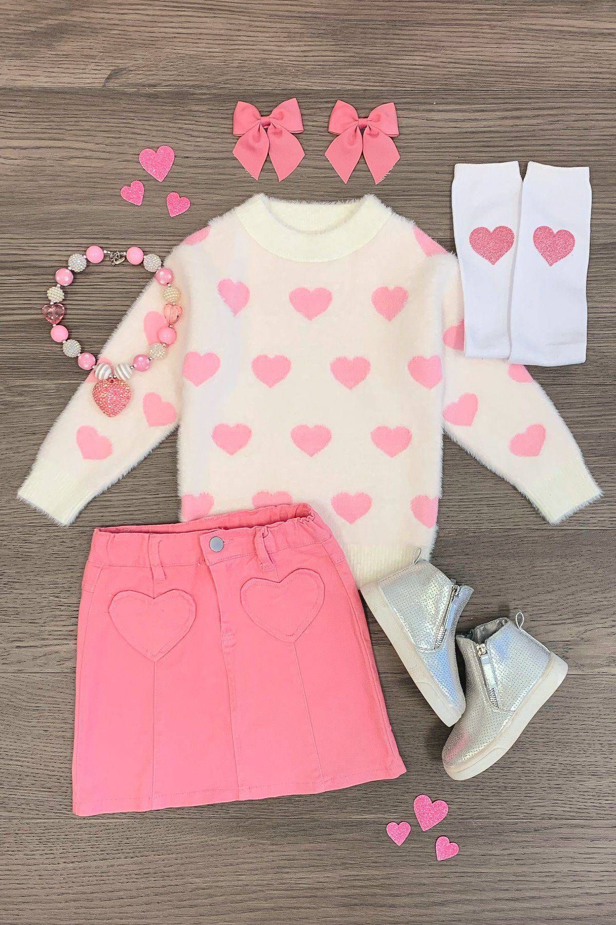 White & Pink Heart Denim Skirt Set | Sparkle In Pink