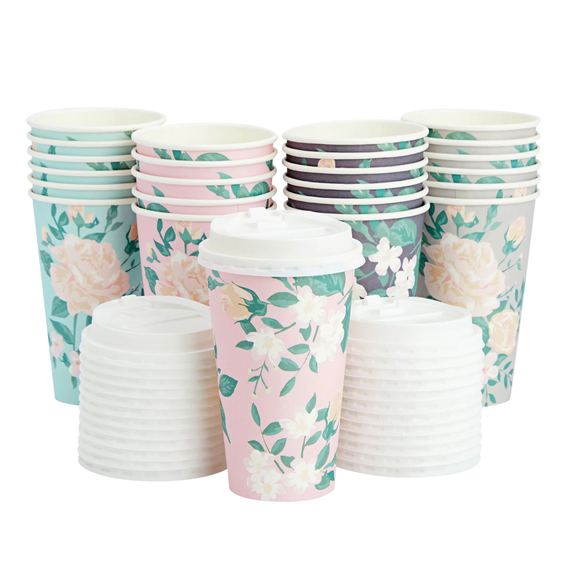 24 Pack Disposable Floral Paper Coffee Cups with Lids 16 oz, To Go Coffee Cups for Flower-Themed ... | Walmart (US)