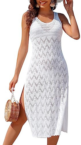 SOCIALA Swimsuits Cover Up Women Crochet Long Beach Cover Up Swimwear Loose Fit Beach Bikini Bathing Suit Coverups White | Amazon (US)