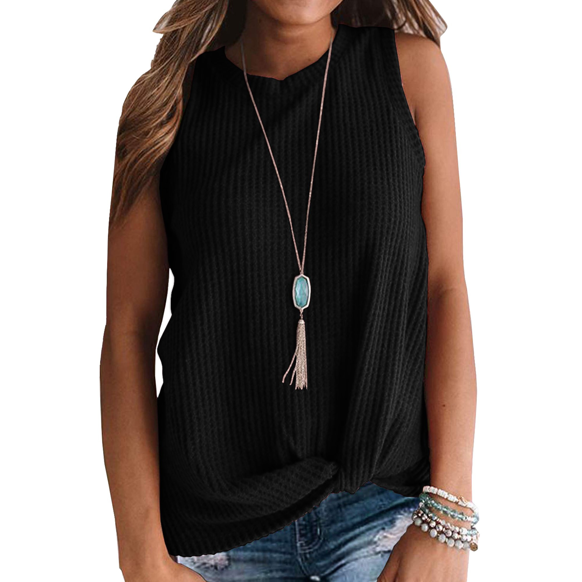 JWD Womens Waffle Knit Tunic Casual Blouse Sleeveless Cute Twist Knot Tank Tops Black L - Walmart... | Walmart (US)