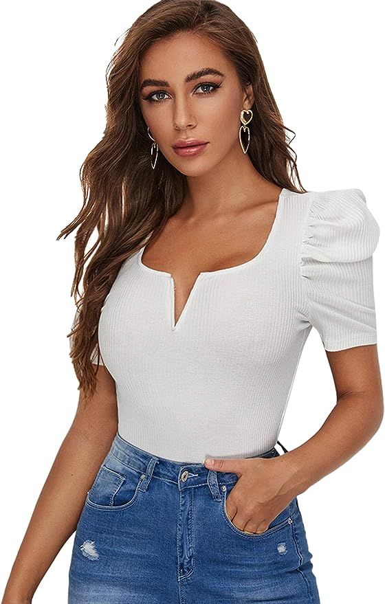 MakeMeChic Women's Puff Short Sleeve Casual Notch Neck Rib Knit Shirts Blouses Tops | Amazon (US)