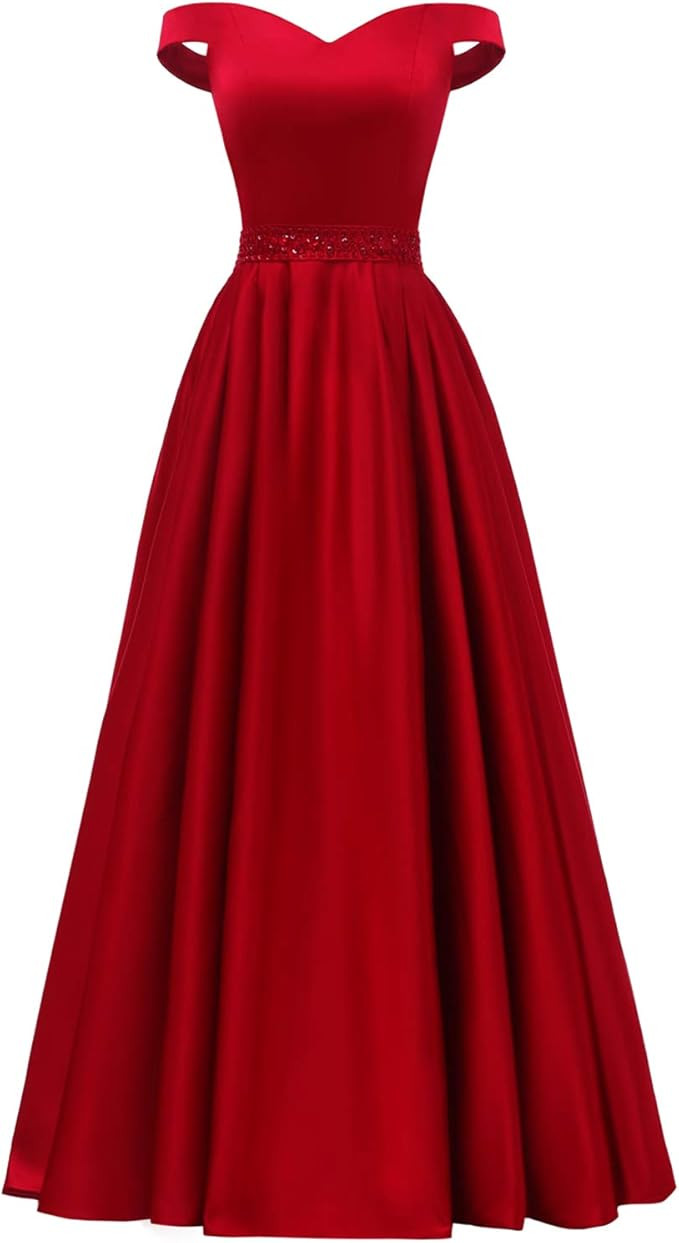 YORFORMALS Women's Off The Shoulder A-line Beaded Satin Prom Dress Long Evening Ball Gown with Po... | Amazon (US)