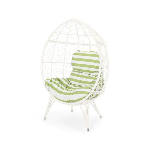 Gianni Outdoor Wicker Teardrop Chair with Cushion by Christopher Knight Home - White+Green Cushio... | Bed Bath & Beyond