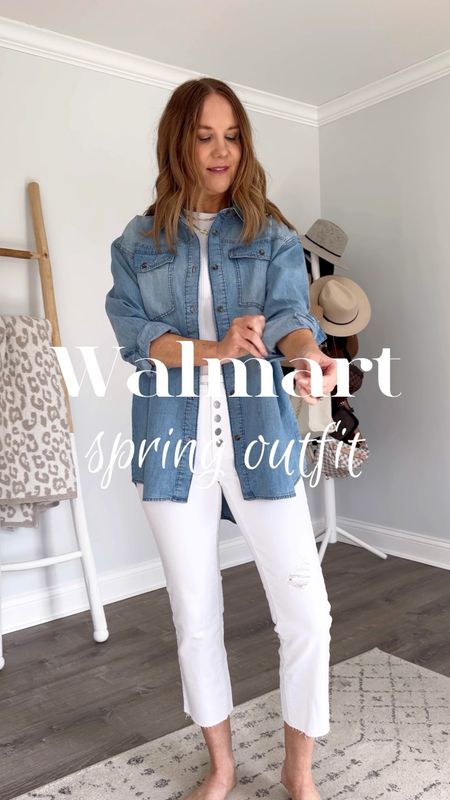 Walmart spring outfit idea🌼love a denim shirt + white jeans combo. These $20 jeans fit like a glove and I’m loving the high low detail on this chambray. Add these luxe looking $15 sandals for the perfect finishing touch. 

Walmart fashion finds, Walmart style, Walmart outfit, spring outfit idea, classic style, timeless fashion, how to style white jeans, casual spring outfit, brown sandals, affordable fashion, inclusive fashion 

#LTKover40 #LTKstyletip #LTKVideo