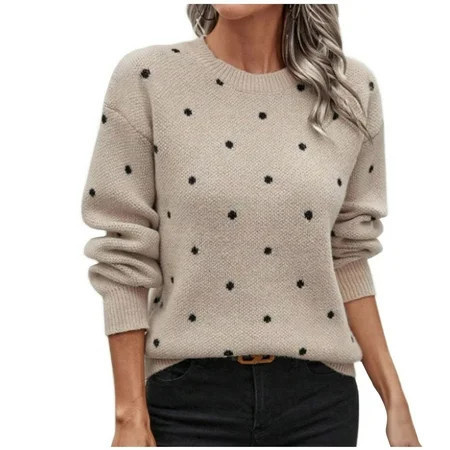 Busydd Womens Sweater Fashion Polka Dots Print Knit Sweaters for Women Casual Round Neck Solid Color Long Sleeve Pullover Sweaters for Women L | Walmart (US)
