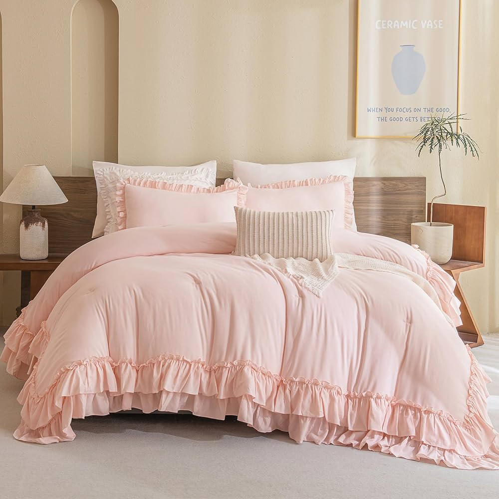 Shabby Ruffled King Comforter Set,Farmhouse Blush Pink Bedding Comforter Lightweight Ultra Soft V... | Amazon (US)