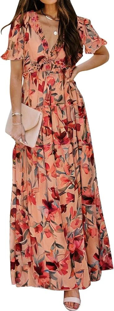 BLENCOT Womens Casual Short Sleeve Boho Floral Printed V Neck Long Dress Ruched Cocktail Party Ma... | Amazon (US)