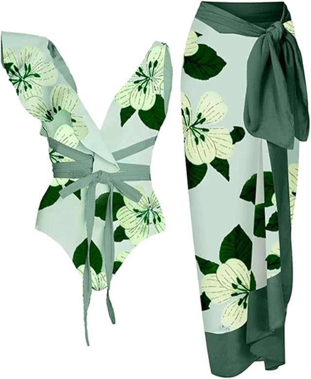 Women Swimwear Two Piece Set Swim Dress + Tops Holiday Print Swimsuit Monokini Bikini Set | Amazon (US)