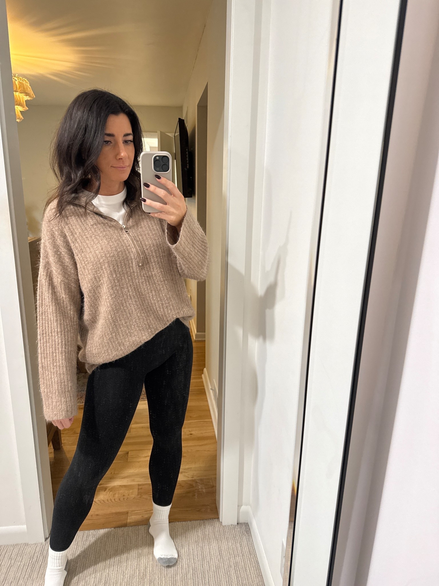 Easy mom outfits with zero thought that are as comfy as sweats but look cute 🫶🏼  
Half zip brown sweater layered over white tee, fleece lined leggings all winter. Pair with boots or sneakers




#LTKHoliday #LTKdayinmylife #LTKmomlife